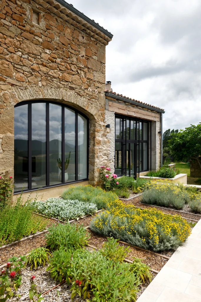 Rénovation complète d’une maison de famille – Drôme
Nichée au cœur des paysages de la Drôme, cette maison a fait l’objet d’une rénovation intégrale. Le projet a consisté à redonner vie à une bâtisse aux volumes autrefois fermés et cloisonnés, pour en révéler tout le potentiel architectural et spatial.
L’intervention a porté sur l’ensemble de l’enveloppe : les façades ont été restaurées, les ouvertures repensées et créées pour offrir de nouveaux cadrages sur le paysage, mettant en valeur la pierre existante et la richesse du contexte environnant.
À l’intérieur, les espaces ont été entièrement réorganisés. Le plan initial, fragmenté et contraint, a laissé place à des enchaînements fluides, où les pièces dialoguent entre elles et s’ouvrent généreusement sur l’extérieur. Chaque ouverture devient un tableau vivant, cadrant une portion de nature : champs de blé, forêt, lumière changeante.
Le cœur de la maison se structure autour de volumes entremêlés. Une cheminée centrale, élément à la fois architectural et domestique, relie les grands volumes de la cuisine en double hauteur et le salon, plus intime et chaleureux. Dans une autre aile, à l’étage, une seconde cuisine a été aménagée. Elle prolonge l’esprit du projet : fonctionnalité discrète, ouverture maîtrisée, cadrages sensibles sur le paysage.
Les ambiances varient selon les espaces : une chambre se déploie autour d’un vide intérieur, jouant avec les hauteurs et les couleurs ; le salon TV, équipé d’une bibliothèque et de rangements intégrés, offre un lieu de retrait, propice au calme tout en restant connecté à l’extérieur.
Le choix des matériaux renforce l’identité sobre et chaleureuse du lieu : pierre naturelle, travertin, parquet en chêne et surfaces en solid surface s’équilibrent pour créer une atmosphère douce, intemporelle et raffinée.
Les ouvertures ont été dessinées pour favoriser la lumière naturelle et créer des liens visuels avec le paysage, tout en accompagnant les usages quotidiens. À l’extérieur, une piscine s’insère discrètement dans le jardin paysager, entourée de terrasses orientées pour profiter du soleil tout au long de la journée. La maison se fond progressivement dans son environnement, entre les cultures et les bois, dans un dialogue apaisé avec le site.
Enfin, les espaces de nuit, regroupés dans une aile plus en retrait, assurent calme et sérénité. Ils sont complétés par une salle de sport et un second salon dédié aux plus jeunes, pour que chacun puisse vivre la maison à son rythme, en toute liberté.