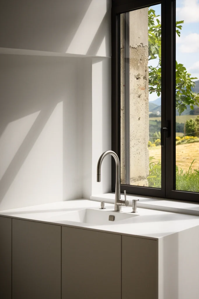 Rénovation complète d’une maison de famille – Drôme
Nichée au cœur des paysages de la Drôme, cette maison a fait l’objet d’une rénovation intégrale. Le projet a consisté à redonner vie à une bâtisse aux volumes autrefois fermés et cloisonnés, pour en révéler tout le potentiel architectural et spatial.
L’intervention a porté sur l’ensemble de l’enveloppe : les façades ont été restaurées, les ouvertures repensées et créées pour offrir de nouveaux cadrages sur le paysage, mettant en valeur la pierre existante et la richesse du contexte environnant.
À l’intérieur, les espaces ont été entièrement réorganisés. Le plan initial, fragmenté et contraint, a laissé place à des enchaînements fluides, où les pièces dialoguent entre elles et s’ouvrent généreusement sur l’extérieur. Chaque ouverture devient un tableau vivant, cadrant une portion de nature : champs de blé, forêt, lumière changeante.
Le cœur de la maison se structure autour de volumes entremêlés. Une cheminée centrale, élément à la fois architectural et domestique, relie les grands volumes de la cuisine en double hauteur et le salon, plus intime et chaleureux. Dans une autre aile, à l’étage, une seconde cuisine a été aménagée. Elle prolonge l’esprit du projet : fonctionnalité discrète, ouverture maîtrisée, cadrages sensibles sur le paysage.
Les ambiances varient selon les espaces : une chambre se déploie autour d’un vide intérieur, jouant avec les hauteurs et les couleurs ; le salon TV, équipé d’une bibliothèque et de rangements intégrés, offre un lieu de retrait, propice au calme tout en restant connecté à l’extérieur.
Le choix des matériaux renforce l’identité sobre et chaleureuse du lieu : pierre naturelle, travertin, parquet en chêne et surfaces en solid surface s’équilibrent pour créer une atmosphère douce, intemporelle et raffinée.
Les ouvertures ont été dessinées pour favoriser la lumière naturelle et créer des liens visuels avec le paysage, tout en accompagnant les usages quotidiens. À l’extérieur, une piscine s’insère discrètement dans le jardin paysager, entourée de terrasses orientées pour profiter du soleil tout au long de la journée. La maison se fond progressivement dans son environnement, entre les cultures et les bois, dans un dialogue apaisé avec le site.
Enfin, les espaces de nuit, regroupés dans une aile plus en retrait, assurent calme et sérénité. Ils sont complétés par une salle de sport et un second salon dédié aux plus jeunes, pour que chacun puisse vivre la maison à son rythme, en toute liberté.