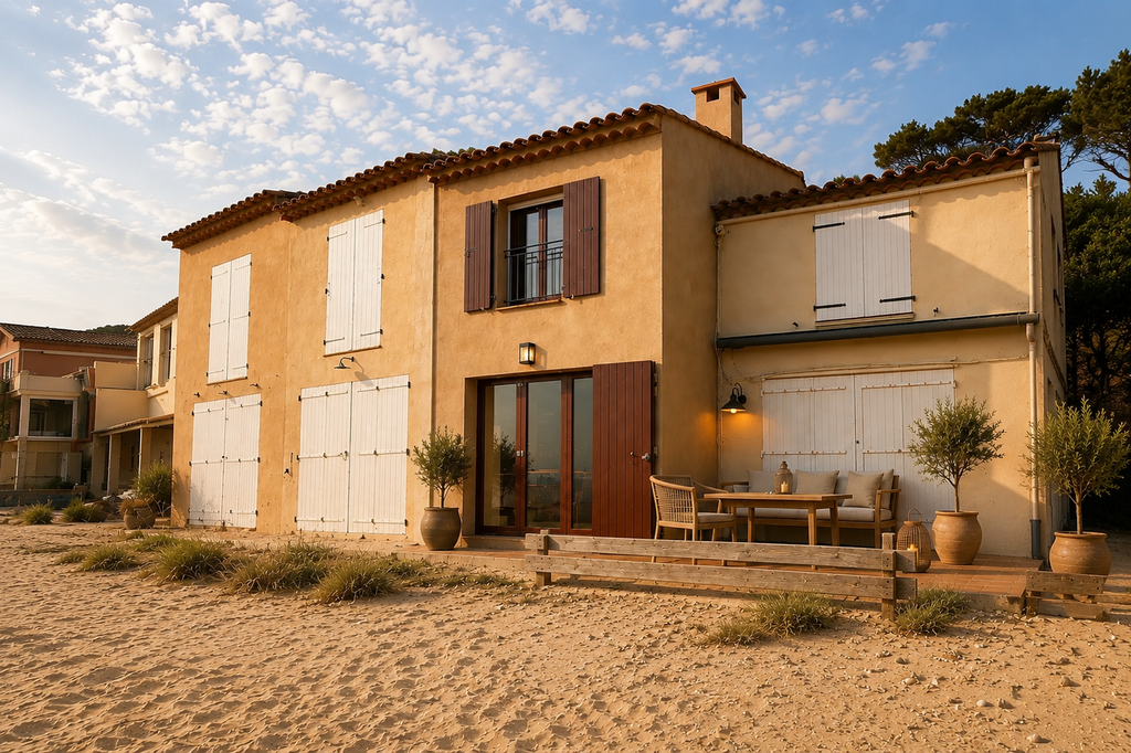 Ancien hangar à bateau rénové en bord de plage à Ramatuelle, avec façade méditerranéenne, volets en bois et terrasse extérieure aménagée.