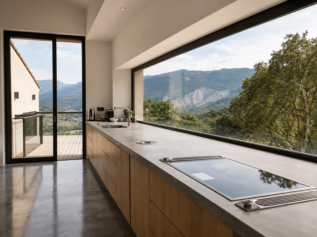 Cuisine contemporaine ouverte sur le paysage montagneux grâce à une large baie vitrée panoramique et une terrasse extérieure.