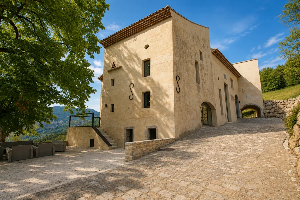 Villa rénovée en pierre et enduit naturel, intégrée dans un paysage montagneux avec cour pavée et architecture traditionnelle.