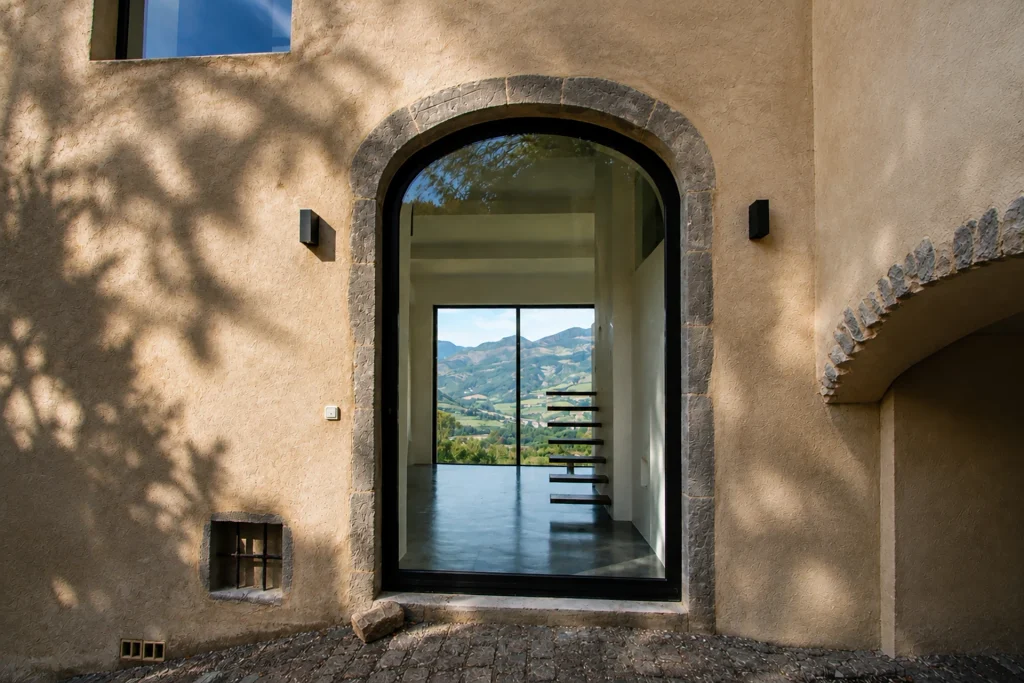 Entrée vitrée en arche d’une villa rénovée, cadrant la vue sur le paysage montagneux depuis l’intérieur.