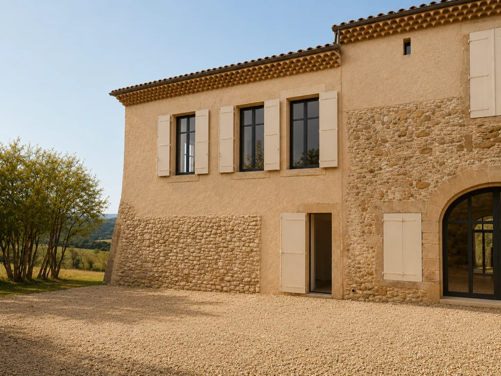 Façade d’une villa provençale rénovée, associant enduit naturel, pierre apparente, volets en bois clair et grandes menuiseries vitrées.