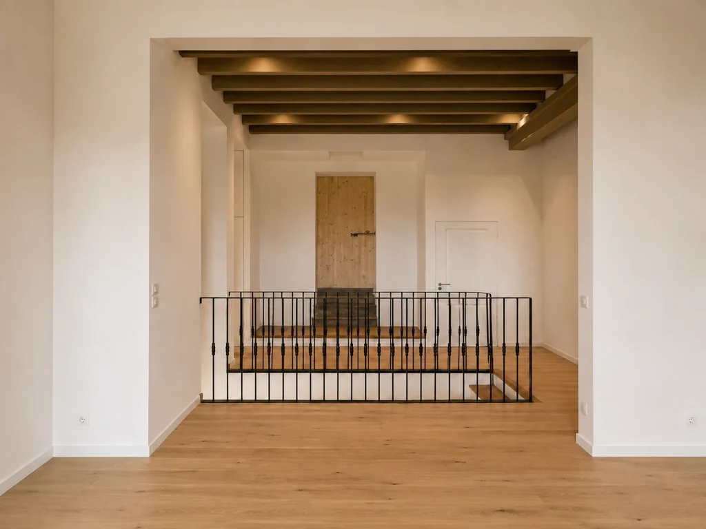 Hall rénové aux volumes ouverts, avec parquet en bois, poutres apparentes et garde-corps métallique noir autour de l’escalier.