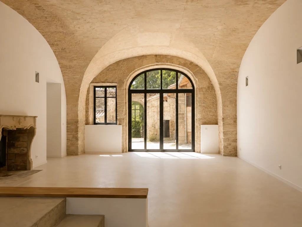 Séjour lumineux d’une villa rénovée, avec voûte en pierre apparente, grande verrière cintrée et cheminée ancienne restaurée.