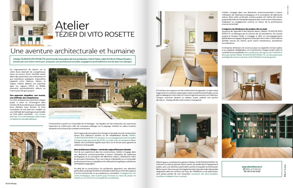Publication de la Villa P de l’Atelier TDR dans le magazine Maison & Jardin, mettant à l’honneur une maison contemporaine aux lignes épurées, ouverte sur son environnement paysager et baignée de lumière naturelle.
